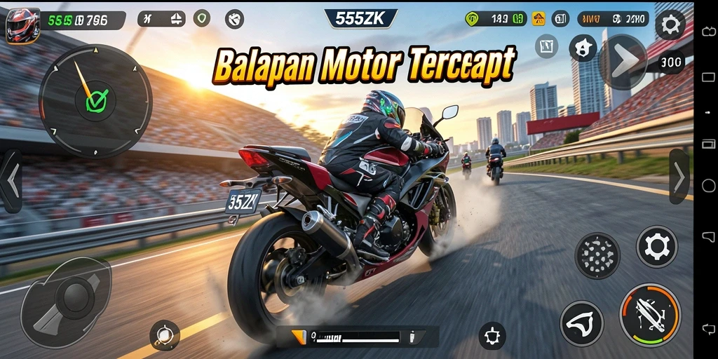 Tampilan balapan motor yang seru dalam 555ZK dengan lingkungan yang realistis.