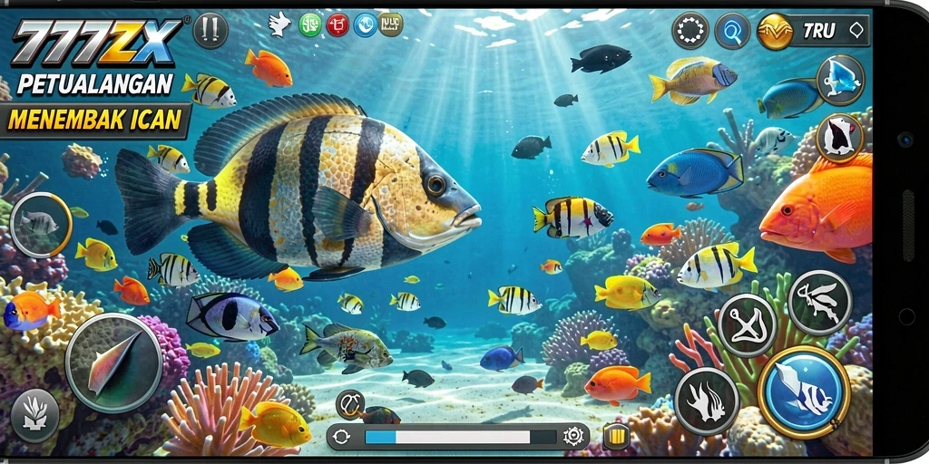 Screenshot gameplay 777ZX yang menunjukkan aksi menembak ikan.