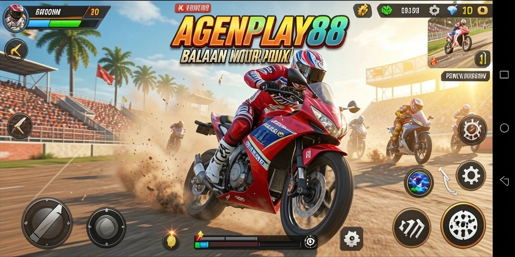 Screenshot gameplay AGENPLAY88 yang menunjukkan aksi balapan motor yang mendebarkan.