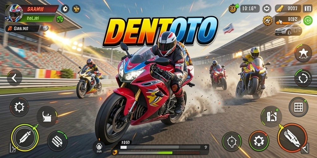 Screenshot DENTOTO menunjukkan balapan motor yang intens dan penuh aksi.