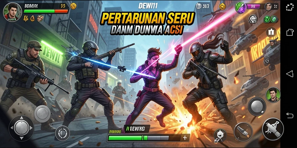 Tangkapan layar utama DEWI11 menunjukkan aksi pertarungan yang mendebarkan.