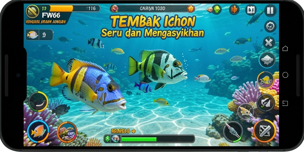 Screenshot gameplay FW66 dengan aksi menembak ikan yang mendebarkan.