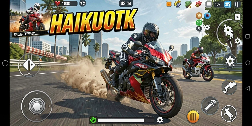 Tampilan gameplay <strong>HAIKUOTK</strong> saat balapan motor di trek yang menantang.