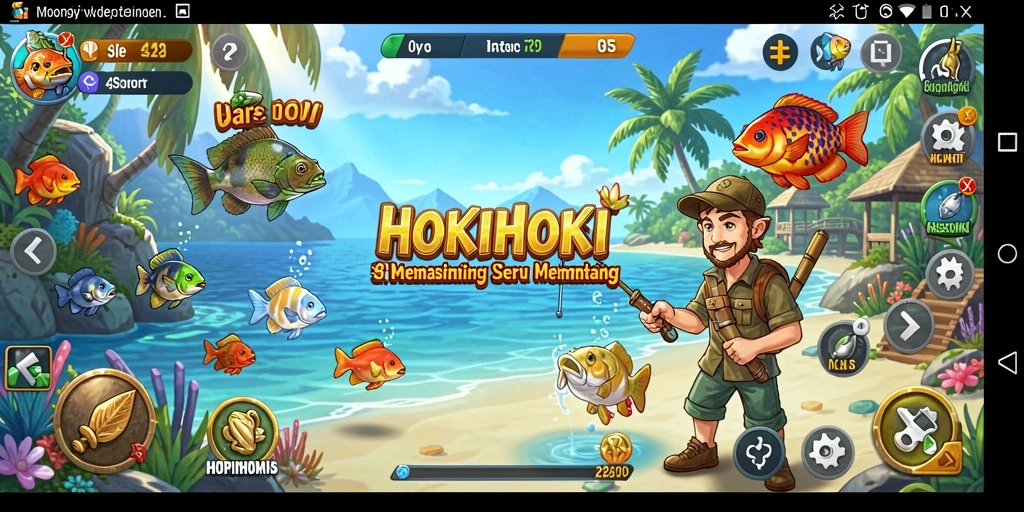 Tampilan utama Gameplay HOKIHOKI dengan suasana memancing yang menawan.