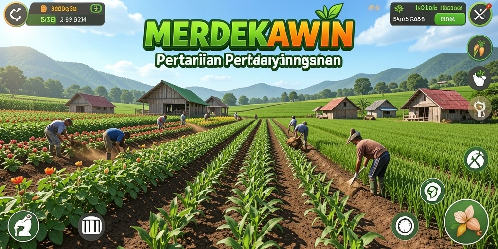 Tampilan gameplay MERDEKAWIN dengan aktivitas pertanian yang seru.