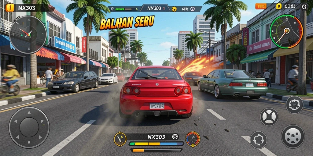 Tampilan gameplay NX303 yang menunjukkan mobil balap di lintasan.