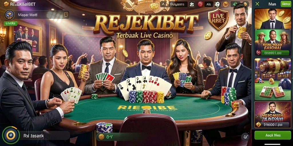 Screenshot gameplay REJEKIBET yang menunjukkan dealer dan meja kasino.