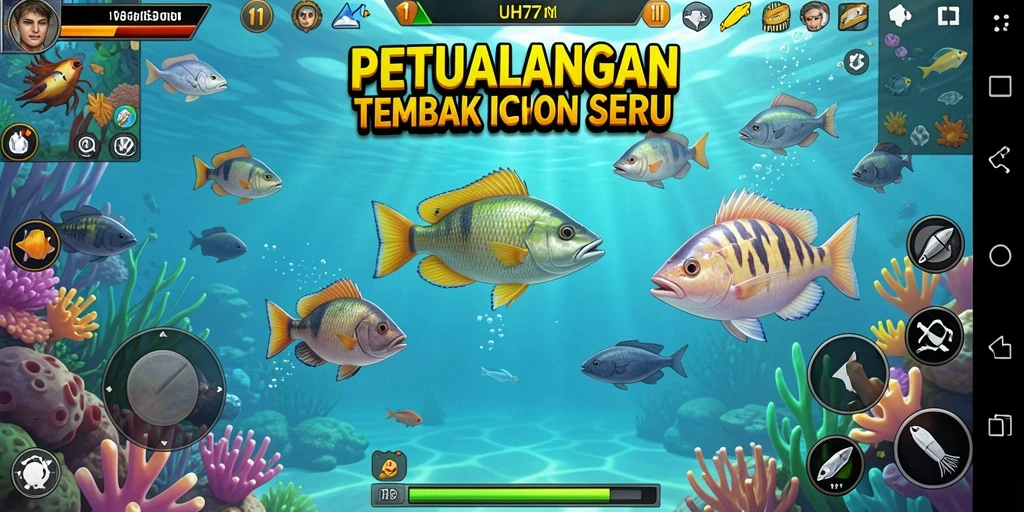 Screenshot gameplay UH77 menampilkan aksi seru memancing ikan.