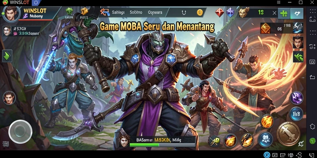Screenshot WINSLOT menampilkan aksi pertarungan tim yang seru di gameplay MOBA.